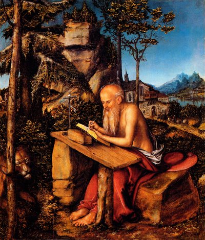 Heiliger Hieronymus in der Wildnis / Heiliger Hieronymus schreibt in einer Landschaft von Lucas Cranach the Elder